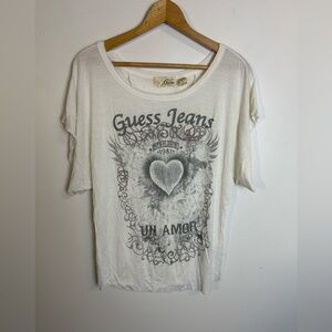 Guess Y2K Blouse Top Size M Dolman Sleeve Novelty Print White Concert Band